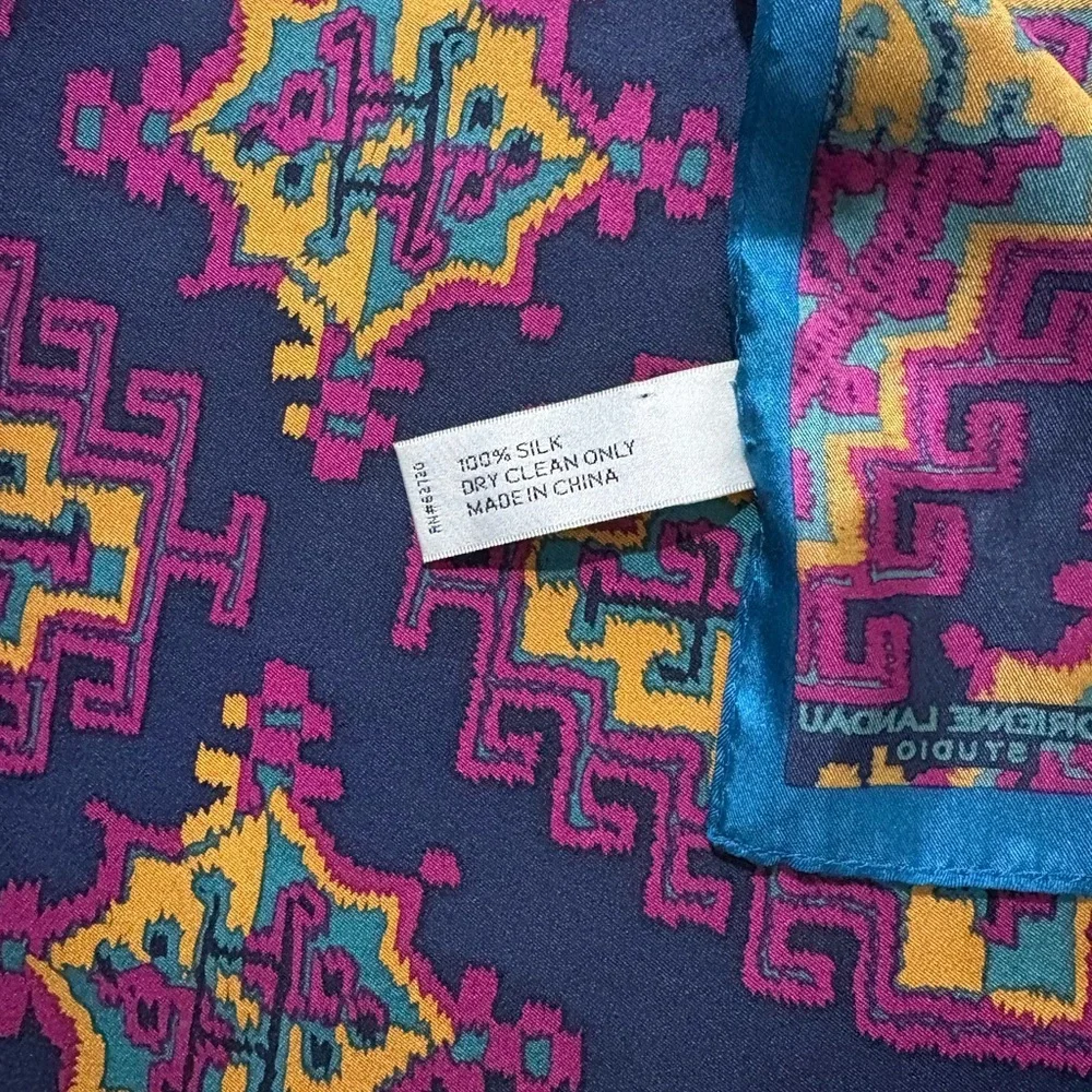 ⭐️ Adrienne Landau Studio 100% Silk Scarf | Geometric Ikat Print | Navy Teal